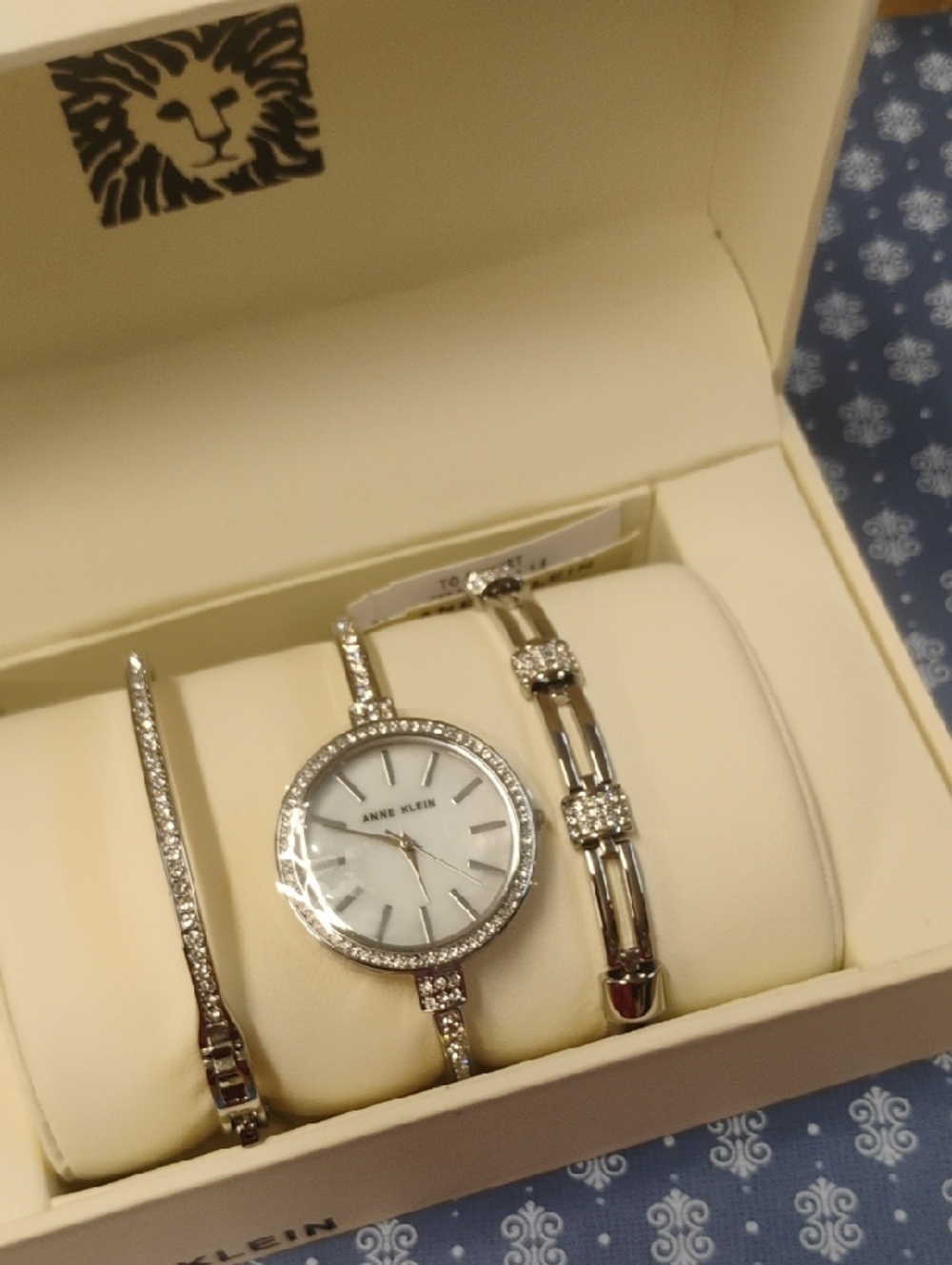 Anne Klein Silver Crystal Bracelet Watch and Bangle Set